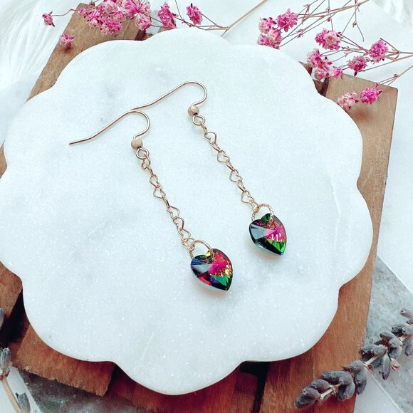 New Gorgeous Long Crystal Heart Chain Earrings | Handmade in BC - Picture 2 of 4